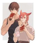  2boys :t adventurer_(ff14) animal_ears bangs bare_arms bare_shoulders black_tank_top blue_eyes border braid braided_ponytail breakfast brown_hair bwith00 cat_ears collarbone commentary_request cup eating english_text eye_contact facial_hair facial_mark final_fantasy final_fantasy_xiv food food_in_mouth food_on_face g&#039;raha_tia good_morning grey_background grey_shirt hair_between_eyes hair_ornament hands_up height_difference highres holding holding_cup holding_food hyur jam korean_commentary looking_at_another low_ponytail male_focus miqo&#039;te mouth_hold mug multiple_boys outside_border red_eyes red_hair scar scar_on_arm shirt short_hair simple_background single_braid slit_pupils standing stubble swept_bangs tank_top toast toast_in_mouth toned toned_male upper_body white_border x_hair_ornament 