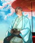  1boy black_sash blue_jacket brown_gloves brown_hair cherry_blossoms closed_eyes cup day falling_petals fate/grand_order fate_(series) feet_out_of_frame gloves green_hakama green_kimono green_tea hair_over_one_eye hair_pulled_back hakama haori highres holding holding_cup itokon300 jacket japanese_clothes kimono male_focus oil-paper_umbrella petals sash short_hair sitting smile solo tea umbrella yamanami_keisuke_(fate) 