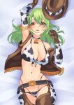  1girl animal_print bell bikini breasts ceres_fauna chaps cleavage cow_print cowboy_hat detached_sleeves gloves green_hair hair_ornament hat highres hololive hololive_english long_hair looking_at_viewer neck_bell pankeiki solo swimsuit virtual_youtuber yellow_eyes 