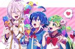  1girl 2boys :d ahoge ascot asmodeus_alice badge blue_eyes blue_hair blush bow bumi0w0 button_badge closed_eyes curled_horns demon_tail eyelashes food gold_trim green_eyes green_hair heart horns ice_cream ice_cream_cone jewelry long_hair mairimashita!_iruma-kun multiple_boys pink_background pink_hair pointy_ears red_bow ring school_uniform sharp_teeth short_hair short_sleeves smile spoken_heart standing suzuki_iruma sweatdrop tail teeth upper_body valac_clara very_long_hair white_ascot 