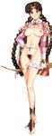  barefoot barefoot_sandals barubaresu_no_musume belly_chain bottomless bow braid breastless_clothes breasts bridal_gauntlets brown_hair earrings excessive_pubic_hair groin hand_on_hip highres jewelry large_breasts leg_garter legs long_hair nipples no_bra no_panties pubic_hair pussy simple_background smile solo toeless_legwear twin_braids uncensored urushihara_satoshi very_long_hair weapon 