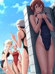  arena_(company) around_corner ass breasts brown_eyes brown_hair clothes_in_front competition_swimsuit covered_nipples covering day exhibitionism hair_ornament hairclip highres kuri_(kurigohan) medium_breasts multiple_girls nipples nude nude_cover one-piece_swimsuit one-piece_tan original outdoors poolside public_nudity short_hair showering speedo_(company) swim_cap swimsuit tan tanline v wet 