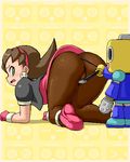  ass bent_over brown_hair crotch_plate earrings gloves green_eyes hair_pulled_back hairband isu jewelry kobun looking_back lowres oekaki panties panties_aside panty_pull pantyhose pink_hairband rockman rockman_dash tron_bonne underwear 