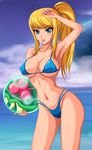  alien arm_up armpits bikini blonde_hair blue_eyes breasts cameltoe cleavage covered_nipples curvy eyes highres image_sample large_breasts long_hair metroid metroid_(creature) navel nintendo ocean pixiv_sample ponytail samus_aran sigurd_hosenfeld solo swimsuit toned water 