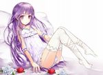  bed bulge crossdressing flower garters happiness! lingerie long_hair male_focus no_shoes otoko_no_ko pillow purple_eyes purple_hair rose shin'ya_(330696) solo thighhighs underwear watarase_jun white_flower white_rose 