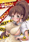  apron areola_slip areolae blush breasts brown_eyes brown_hair cover cover_page covered_nipples highres large_breasts long_hair ponytail sideboob skirt soba_(saz) solo sweat taneshima_popura very_long_hair waitress working!! 