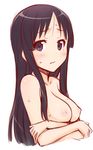  akiyama_mio bad_id bad_pixiv_id black_hair blue_eyes blush breast_hold breasts crossed_arms face ha-ru k-on! long_hair medium_breasts nipples nude simple_background solo sweat upper_body 