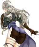  armor ass braid cameltoe gloves legs long_hair no_panties ravness_loxaerion sato_iori shoulder_pads silver_hair simple_background solo tactics_ogre thighhighs thighs twin_braids zettai_ryouiki 