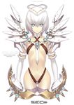  armor bad_id bad_pixiv_id blue_eyes colors_(s.e.c) elbow_gloves flat_chest gloves groin hair_ornament halo nagi_ryou navel science_fiction short_hair simple_background solo strap symbol-shaped_pupils thigh_gap thighhighs weapon white_hair wings 