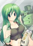  alcohol armored_core armored_core:_for_answer artist_request beer blue_eyes breasts cleavage covered_nipples crop_top green_hair large_breasts long_hair may_greenfield mecha merrygate midriff smile tank_top 
