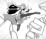  action copyright_request detached_sleeves greyscale kicking legs long_hair monochrome panties solo thighhighs underwear upskirt watarabe_keiichi 