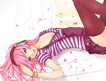  bad_id bad_pixiv_id blue_eyes bracelet breasts cleavage denim headphones jewelry legs_up long_hair looking_at_viewer lying medium_breasts megurine_luka no_bra on_back on_floor open_clothes open_mouth open_shirt overalls petals pink_hair roku_(hikokeng) shirt smile solo suspenders thighhighs unbuttoned vocaloid 