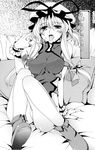  blush greyscale hair_ribbon hat highres long_hair monochrome no_pants non-web_source pillow ribbon saliva sitting solo sweat tongue touhou wrist_cuffs yakumo_yukari zakouji_shousa 