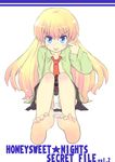  akanbe barefoot blonde_hair blue_eyes feet full_body halo_(artist) highres long_hair looking_at_viewer necktie open_clothes open_shirt pani_poni_dash! panties pantyshot pantyshot_(sitting) rebecca_miyamoto shirt sitting soles solo tongue tongue_out underwear 