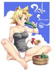  animal_ears barefoot blonde_hair breasts bucket camisole cleavage cucumber feet green_eyes highres legs medium_breasts off_shoulder original panties sexually_suggestive solo spread_legs tail tomato tsukumo_kazuita underwear white_panties 