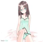  aqua_eyes arm_support bare_legs bare_shoulders bed_sheet blush bow bow_panties breasts brown_hair cameltoe camisole cleavage colored_eyelashes green_eyes green_panties lingerie nabeshima_tetsuhiro navel original panties ringed_eyes sitting small_breasts solo underwear underwear_only 