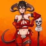  bare_shoulders black_hair breasts choker cleavage covered_nipples demon_girl detached_sleeves elbow_gloves fantasy_masters gloves horns kdog large_breasts midriff navel pointy_ears red_eyes skull solo tail 