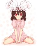  animal_ears barefoot black_hair bloomers bloomers_on_head blush bunny_ears carrot inaba_tewi mokuyou object_on_head red_eyes sitting smile solo touhou underwear wariza 