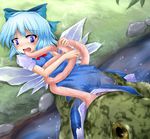  blue_eyes blue_hair bow cirno frog hair_bow long_tongue sexually_suggestive shimo_(depthbomb) short_hair solo tears tongue touhou vore wings 