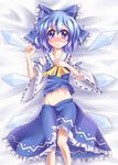  ascot bad_id bad_pixiv_id blue_eyes blue_hair blush bow cirno cosplay detached_sleeves emu_ichigo hair_bow hakurei_reimu hakurei_reimu_(cosplay) highres japanese_clothes lying short_hair solo touhou wings 