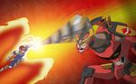  angry battle captain_falcon clash crossover drawfag drill duel epic f-zero falcon_punch fire gurren-lagann helmet highres holster mecha punching scarf tengen_toppa_gurren_lagann wallpaper 