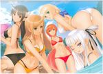  ass bikini bow breasts clalaclan_philias cleavage hair_bow head_wings houmei innertube long_hair looking_back low-tied_long_hair medium_breasts multiple_girls one_eye_closed pointy_ears seena_kanon shining_(series) shining_wind sitting swimsuit tanaka_takayuki touka_kureha underboob xecty_ein 