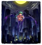  bare_shoulders bat_wings bent_over blue_eyes boots breasts city cleavage demon_girl elbow_gloves finger_to_mouth fingerless_gloves flying gloves green_hair head_wings large_breasts leotard lips long_hair moon morrigan_aensland pantyhose purple_wings shuichi_wada solo succubus vampire_(game) wings 