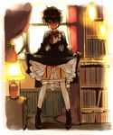  bad_id bad_pixiv_id blood blue_eyes blush bookshelf brown_hair dress dress_lift genderswap genderswap_(mtf) kuroba_kaito meitantei_conan menstruation pantyhose pantyhose_pull short_hair solo toujou_sakana 