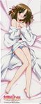  absurdres barefoot bed_sheet brown_hair dakimakura flat_chest full_body hair_ribbon highres japanese_clothes kuzaki_rinko legs lying non-web_source omamori_himari on_back orange_eyes panties ribbon short_hair solo striped striped_panties underwear undressing 