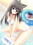  absurdres animal_ears barefoot beach bikini black_hair blue_eyes breasts cat cat_ears choker cleavage day highres innertube kickboard kneeling long_hair medium_breasts o-ring o-ring_top original smile solo submerged swimsuit usaginezumi white_bikini 