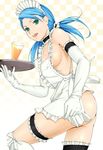  apron areola_slip areolae ass blue_hair breasts checkered checkered_background elbow_gloves gloves green_eyes hair_ornament hairclip hawoku_ishibare leg_garter looking_back maid medium_breasts naked_apron no_bra no_panties original solo tray white_gloves 