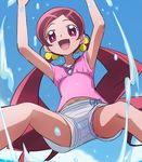  armpits blush day flower from_below hanasaki_tsubomi haruyama_kazunori heartcatch_precure! long_hair panties precure red_eyes red_hair see-through shorts sky smile solo splashing twintails underwear upshorts water 