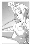  bikini breasts cleavage copyright_request greyscale large_breasts lips long_hair monochrome smile solo swimsuit v watarabe_keiichi 