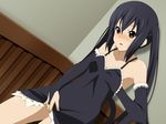  artist_request bare_shoulders black_dress black_hair blush breasts bridal_gauntlets brown_eyes dress dutch_angle elbow_gloves gloves highres k-on! long_hair masturbation nakano_azusa open_mouth self_fondle skirt skirt_lift small_breasts solo twintails 