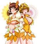  areola_slip areolae ban_keiko blush bow breasts brown_eyes brown_hair choker cleavage cosplay cure_sunshine cure_sunshine_(cosplay) heartcatch_precure! kousaka_jun large_breasts magical_girl mature midriff multiple_girls myoudouin_tsubaki navel orange_bow orange_choker orange_skirt precure red_choker skirt underboob white_background yellow_bow 