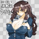  :o breasts brown_eyes brown_hair cleavage curly_hair formal huge_breasts matsuri_(teriyaki) original solo suit sweat teriyaki 