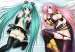  aqua_eyes aqua_hair areola_slip areolae blue_eyes blush boots breasts cleavage from_above green_eyes green_hair groin hatsune_miku long_hair massan medium_breasts megurine_luka multiple_girls necktie open_clothes open_shirt panties pink_hair shirt skirt smile striped striped_panties thighhighs twintails underwear very_long_hair vocaloid 