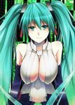  aqua_eyes aqua_hair bad_id bad_pixiv_id between_breasts breasts circuit_board cleavage commentary_request elbow_gloves gloves hanging_breasts hatsune_miku hatsune_miku_(append) kamata_yuuya large_breasts leaning_forward long_hair necktie smile solo twintails vocaloid vocaloid_append 