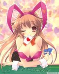  absurdres alice_parade animal_ears blush breasts brown_eyes brown_hair bunny_ears bunny_girl bunnysuit card facepaint heart highres itou_noiji large_breasts long_hair miori_(alice_parade) one_eye_closed pantyhose smile solo wrist_cuffs 