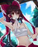  armpits bad_id bad_pixiv_id bow brown_eyes brown_hair cloud day frills hair_bow hair_ribbon hakurei_reimu long_hair midriff mouth_hold navel ribbon sarashi solo touhou yatosaki_haru 