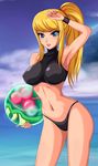  alien arm_up armpits bangs bikini blonde_hair blue_eyes blush breasts cloud covered_nipples day eyes highres holding image_sample impossible_clothes large_breasts lipstick long_hair looking_at_viewer makeup metroid metroid_(creature) navel nintendo ocean outdoors pixiv_sample ponytail samus_aran scrunchie sigurd_hosenfeld skin_tight sky smile solo sports_bikini standing swept_bangs swimsuit toned turtleneck water wristband 