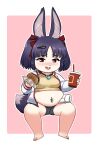  1girl animal_ear_fluff animal_ears artist_request bangs barefoot belly_grab blush border bow breasts buck_teeth character_request drink fat food full_body gloves hair_bow hair_ornament hairclip holding holding_drink holding_food jacket jewelry long_sleeves looking_at_viewer magatama medium_breasts medium_hair navel navel_piercing necklace open_clothes open_jacket outline outside_border parted_bangs piercing pink_background red_eyes short_shorts shorts simple_background solo tail tareme teeth thick_thighs thighs two_side_up white_border white_gloves white_jacket 