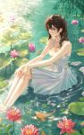  1girl absurdres bangs breasts brown_hair cleavage closed_mouth commentary dress english_commentary fingernails fish flower green_eyes hair_between_eyes highres lacy_(beees002) lily_pad long_hair looking_away lotus original outdoors pink_flower ripples sitting sleeveless sleeveless_dress solo water water_lily_flower white_dress 