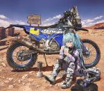  1girl aqua_eyes aqua_hair backpack bag bangs blue_sky boots cloud commentary_request cup cup_ramen desert dirtbike eating food fork ground_vehicle hatsune_miku headwear_removed helmet helmet_removed highres holding holding_cup holding_fork instant_ramen knees_up long_hair long_sleeves motor_vehicle motorcycle noodles outdoors road_sign rock shadow sign sitting sky solo takepon1123 twintails vehicle_focus vehicle_request very_long_hair vocaloid white_footwear white_headwear yamaha 