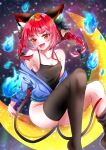  1girl :d animal_ears ass bare_shoulders black_bow blue_fire blush bow braid breasts cat_ears fang fire flame hair_bow highres hitodama kaenbyou_rin long_hair looking_at_viewer multiple_tails nekomata open_mouth red_eyes red_hair sakuramiya_nya smile solo tail thighhighs touhou twin_braids two_tails 