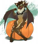  anthro bat_wings breasts brown_body brown_fur brown_hair chiropteran claws convenient_censorship fangs female food fruit fur gimka green_eyes hair halloween_decoration hi_res looking_at_viewer mammal membrane_(anatomy) membranous_wings neck_tuft nude open_mouth plant pumpkin sitting smile solo tuft winged_arms wings 