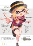  1girl :d belt belt_buckle black_headwear black_shorts blonde_hair breasts brown_belt buckle buttons collared_shirt colored_tongue earrings grey_eyes hat highres inkling inkling_girl jewelry leg_belt leg_up long_hair medium_breasts nautilus_(splatoon) open_mouth piercing pointy_ears red_shirt shina_shina shirt shoes short_sleeves shorts smile solo splatoon_(series) tentacle_hair v yellow_tongue zipper zipper_pull_tab 