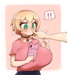  ! !! 1girl :&lt; absurdres bangs blonde_hair border breasts character_request collarbone commentary_request copyright_request green_eyes hair_between_eyes hand_up highres holding holding_phone huge_breasts ichika_(ichika_manga) looking_away medium_hair no_nose outside_border phone pink_background pleated_skirt poking poking_nose simple_background skirt speech_bubble spoken_exclamation_mark sweatdrop upper_body white_border 