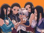  5boys black_eyes black_hair blue_eyes brothers crossed_arms detached_sleeves empty_eyes expressionless hair_slicked_back hand_on_another&#039;s_head hand_on_own_face hands_up highres holding holding_needle holding_weapon hunter_x_hunter illumi_zoldyck killua_zoldyck long_hair long_sleeves male_focus multiple_boys multiple_persona needle no_bangs scared siblings smile sweatdrop thicopoyo turn_pale weapon white_hair 