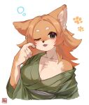  5_fingers anthro breasts canid canine canis cleavage clothed clothing digital_media_(artwork) domestic_dog female female_anthro fingers fur hair hi_res kawarage_yatano kemono looking_at_viewer mammal multicolored_body multicolored_fur one_eye_closed open_mouth orange_body orange_fur shiba_inu solo spitz two_tone_body two_tone_fur 